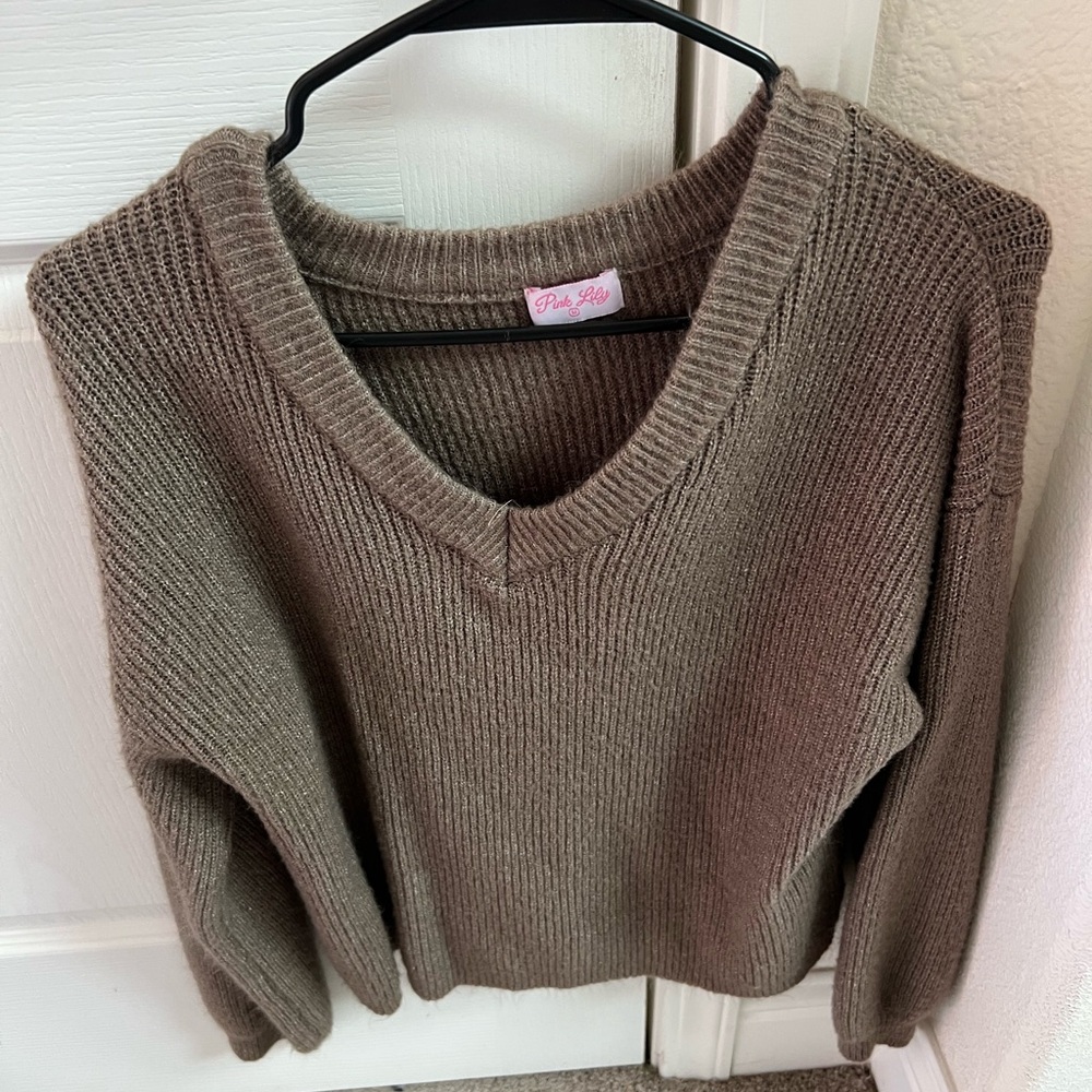 Pink Lily Taupe V-Neck Sweater